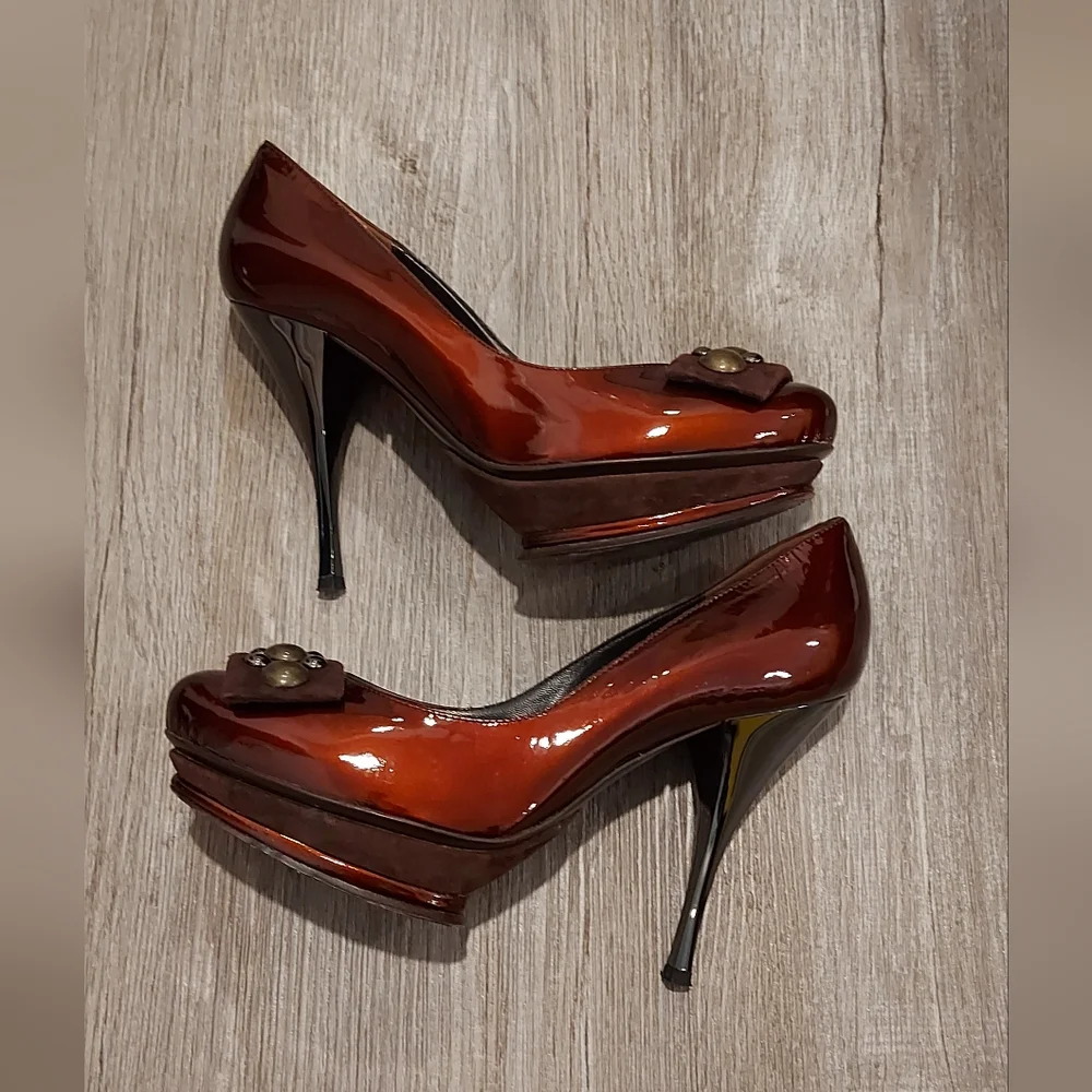 Italian Patent Leather Burgundy Pumps Heels Shoes Leather Lining